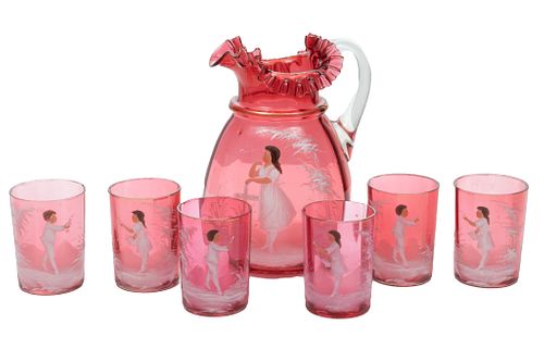 Mary Gregory (American) Cranberry Glass Lemonade Pitcher And 6 Glasses, 7 pcs