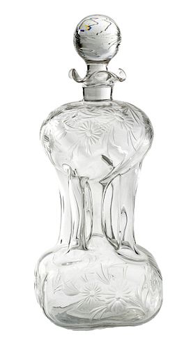 French 4-chamber Etched Crystal Decanter, C. 1940, H 11.5'' Dia. 4.5''