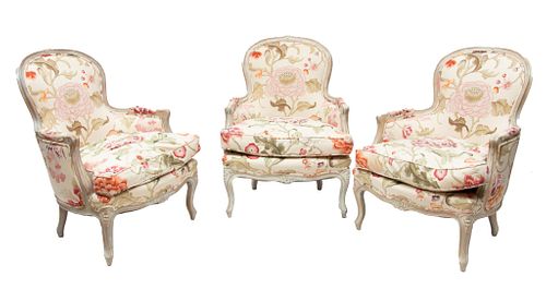 French Style Bergere Chairs, Oriental Upholstery, H 36'' W 27'' Depth 29'' 3 pcs