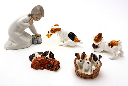 Royal Doulton & Lladro Porcelain Figurines, H 5.5'' W 5.5'' Depth 2.5'' 5 pcs