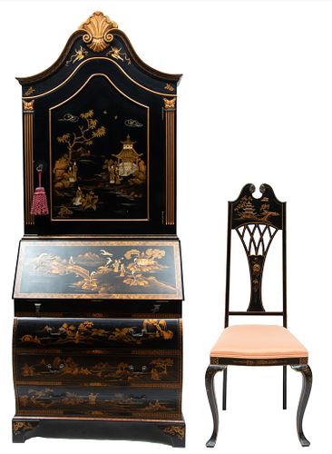 Chinoiserie Black Lacquered & Gilded Secretary & Chair, H 90'' W 35'' Depth 20'' 2 pcs