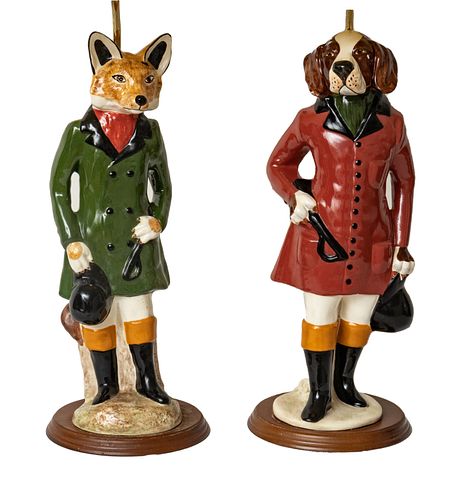 Fox & Dog As Hunters Pottery Lamps, Pair H 32
