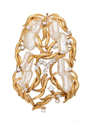 Diamond & Baroque Pearls, 14K Yellow Gold Brooch Pendent C. 1960, H 3'' W 2''