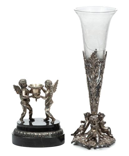 Cherub Form White Metal Vase & Candlestick, H 14'' Dia. 4.5''
