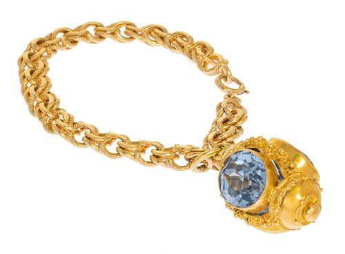 14K Yellow Gold Charm Bracelet, Blue Topaz, 34 Grams L 7''