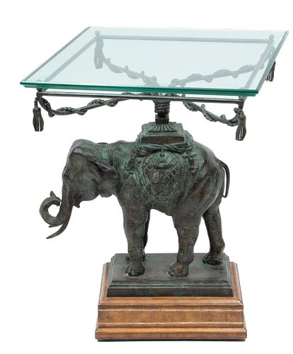 Maitland-Smith (British) Bronze Elephant & Tooled Leather Occasional Table, H 25'' W 19'' L 20''