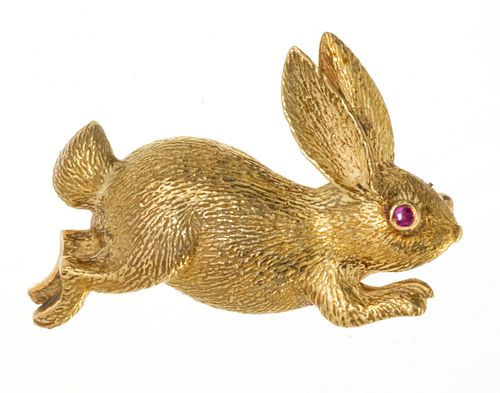 18K Yellow Gold Running Rabbit Brooch L 1.3''