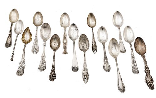 Sterling Silver Traveler's Souvenir Spoons, Depth 6'' 11.05t oz 15 pcs