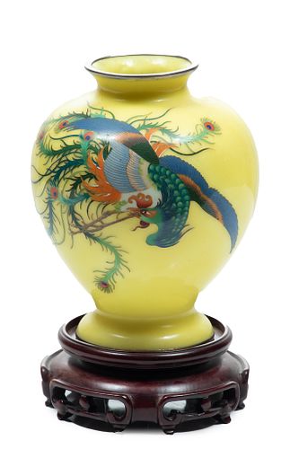 Japanese Cloisonee Enamel Vase C. 1930, Phoenix Bird, H 8'' Dia. 6''