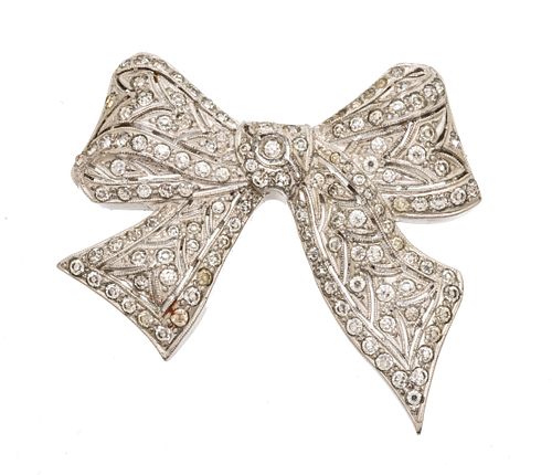 14K White Gold Diamond "ribbon" Brooch, 19.3 Grams C. 1920, L 2.2''