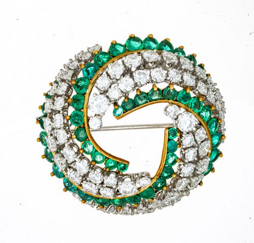 Emerald And Diamond Brooch, 18 K White, Yellow Gold Dia. 1.75''