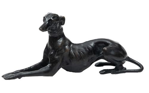 Bronze Figure Of A Recumbent Greyhound,  20th C., H 4'' L 9''