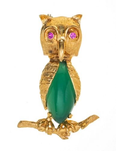 Jade And 18K Yellow Gold Owl Pin H 1.5'' W 0.5''