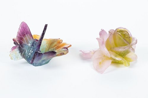Daum, France Pate De Verre, Flower And Butterfly W 4'' 2 pcs