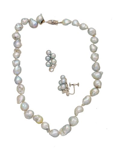 Gray Baroque Pearl Necklace And Earrings L 15'' 3 pcs