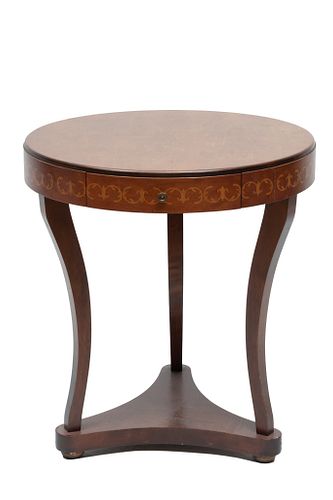 Mahogany & Fruitwood Parquetry Drum Table, H 26'' Dia. 24''