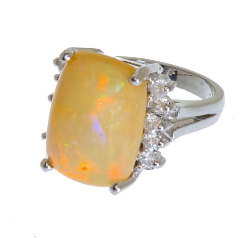 Jelly Opal And Diamonds, 14K White Gold, Size 5 1/2 High Dome Ring