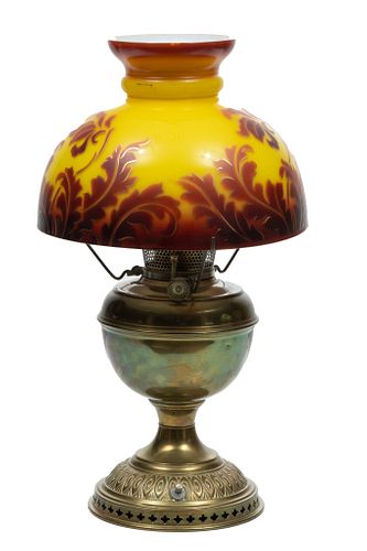 Brass Oil Lamp Converted To Electric With Yellow Glass Shade, H 11.25'' W 6.75''