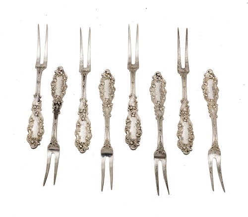 Gorham Manufacturing Company 'Luxembourg' Sterling Silver Hors D'oeuvre Forks,  1893, L 4.25'' 2.47t oz 8 pcs