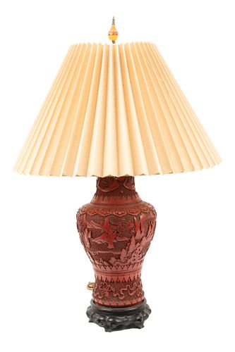 Weber, Chinese Cinnabar Vase Mounted As A Lamp, C. 1910, H 29", Dia 7.5"
