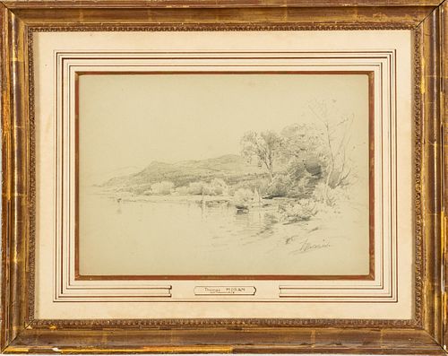 Thomas Moran (American, 1837-1926) Graphite On Paper, Landscape Scene, H 9.5'' W 13''