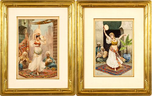 Fabio Fabbi (Italy, 1861-1946) & Luigi Da Costa (Italy) Watercolors On Paper, Dancing Gypsies, H 17.75'' W 11.75'' 2 pcs