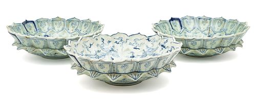 Chinese Blue & White Porcelain Bowls, H 3.5'' Dia. 11'' 3 pcs