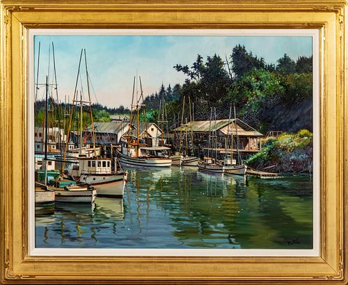 Filastro Mottola (California, 1915-2008) Oil On Masonite, Fishing Wharf, H 30'' W 40''