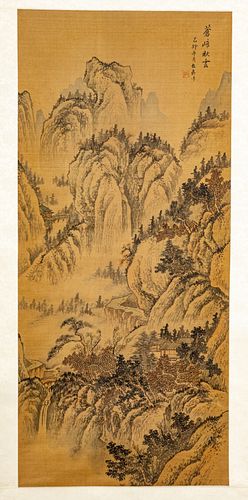 Chinese Landscape Scroll W 14" L 34"