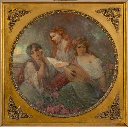 Pre-Raphaelite Style Oil On Board, C. 1920, Three Muses, H 26'' W 26''