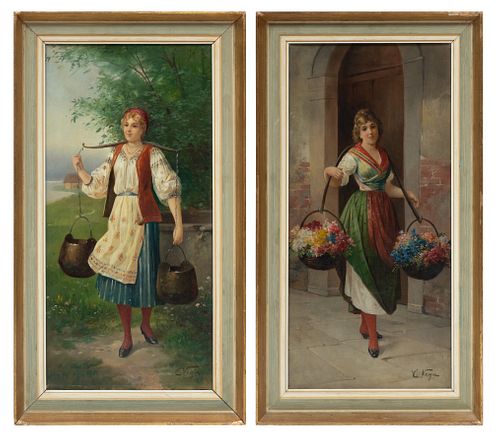 C. Vega Oils On Canvas,  Late 19th/early 20th C., Flower Girl And Girl With Water Pails, H 20'' W 10''