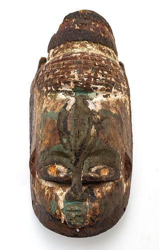 African Zaire Polychrome Carved Wood Mask, H 10.5'' W 5'' Depth 5''