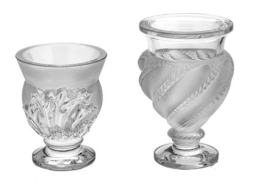 Lalique (French) 'Ermenonville' & 'St. Cloud' Frosted Crystal Vases, H 6'' Dia. 4'' 2 pcs