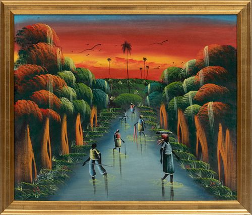 J.N. Bonhedy, Oil On Canvas, C. 1980, Haiti Sunset With Figures In A River, H 19'' W 23''
