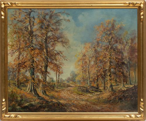 C. Ganett, Oil On Canvas,  Mid 20th C., Country Road, Autumn, H 27'' W 35''