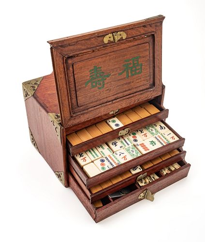 Chinese Mahjong Set, Bone Pieces, H 6.25'' W 9.25'' Depth 6.5''