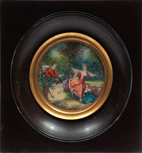 M. Mareal, (French) Miniature Watercolor Courting Scene, Dia. 2.2''