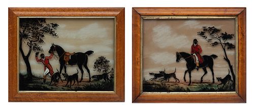 Reverse Paintings On Glass, Silhouette Hunting Figures, Horses, Hounds 1930 Pair H 12 W 15