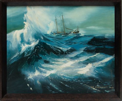 R.B. Kerchaert, Oil On Canvas,  1968, Stormy Sea With Two-Masted Ship, H 24'' W 30''