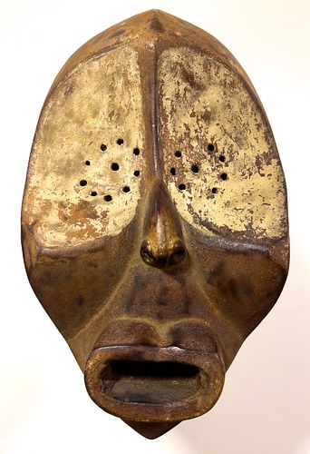 African Polychromed Carved Wood Mask, H 14", W 8"