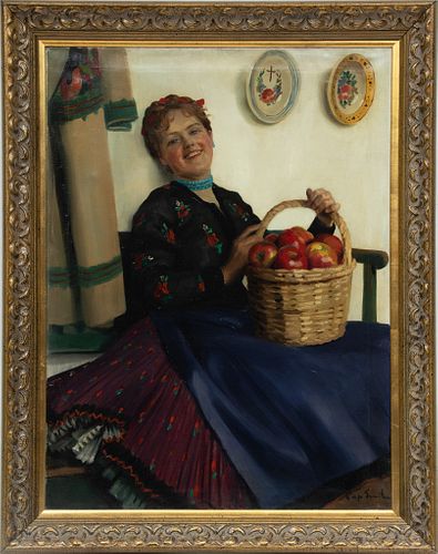 Emil Pap (Hungarian, 1884-1949) Oil On Canvas, Hungarian Beauty With Apples, H 32'' W 24''