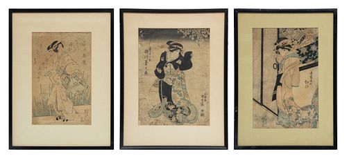 Japanese, Edo Period (1615-1868), Woodblocks In Colors On Paper, Group Of Three Works, H 13.5'' W 8.75''