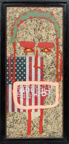 Tyree Guyton (American, 1955) Mixed Media, Face With U.S Flag, H 42.5'' W 18''