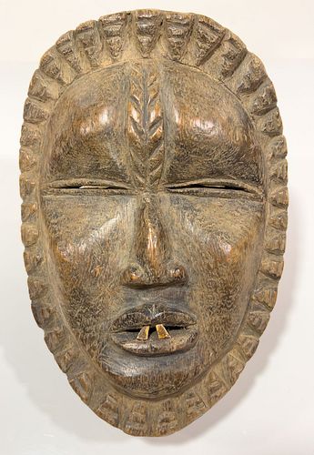 African Polychrome Carved Wood Mask, H 9.5", W 7", D 2.75"