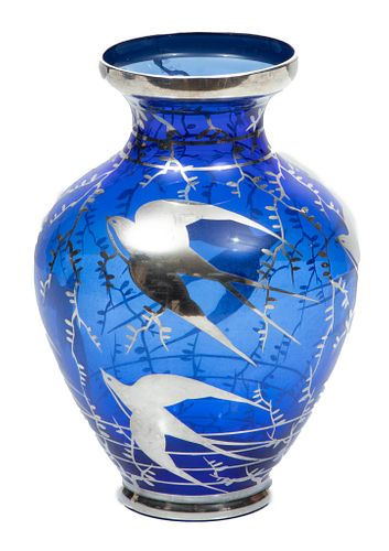 Silver Overlay On Blue Glass Vase, H 7.5'' Dia. 5.5''