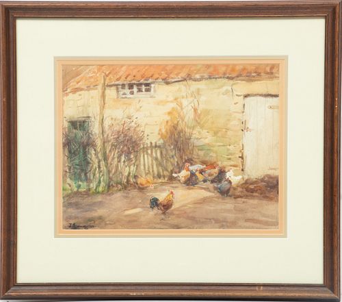 John Atkinson (British, 1863-1924) Watercolor Farm Scene With Chickens, H 9'' W 12''