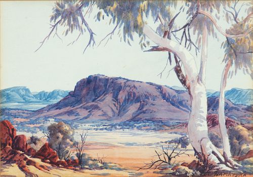 Albert Namatjira (Australia, 1902-1959) Watercolor Over Pencil On Paper, C. 1950, Ghost Gums Of Glen Helen Gorge, H 10'' W 14.25''