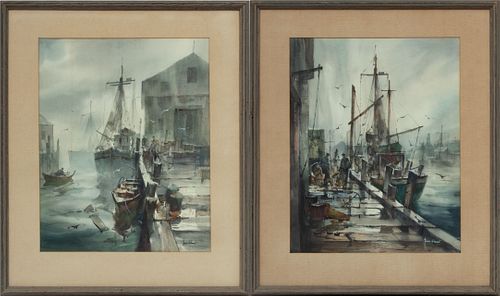 John Hare (American, 1908-1978) Watercolors On Paper, Wharf Scenes, H 21.5'' W 17'' 1 Pair