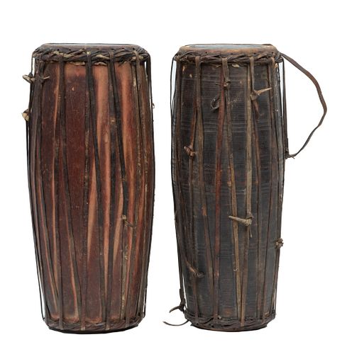 African Carved Wood And Leather Drums H 15'' Dia. 6.5'' 2 pcs