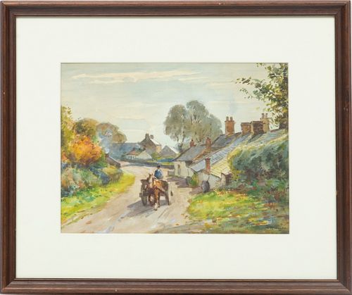 John Atkinson (British, 1863-1924) Watercolor Country Road With Farm Cart, H 10'' W 13.5''